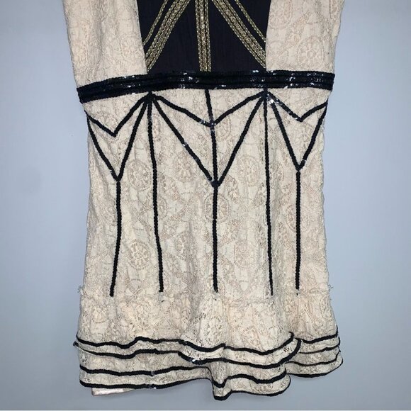 Free People Lace Coquette Mini Dress Size 12 US Ivory Black Sequin  Ruffle Retro - Picture 5 of 16